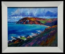 ‡ RUSSELL POND (British born 1966) oil on board - Cornish coastal scene entitled verso 'Portheras