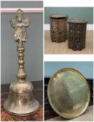 TWO MIDDLE EASTERN OCCASIONAL TABLES, INDIAN BRASS TRAY & BELL, octagonal tables with bone and