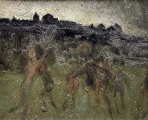 GEORGE CHAPMAN oil on board - figures in motion with South Wales Valley landscape and buildings,