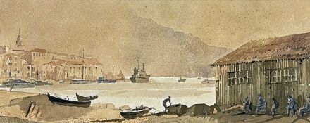 ‡ CYRIL LESLIE MATTHEWS (British, 1925-2004) watercolour - harbour scene with figures and boats,