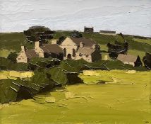 ‡ SIR KYFFIN WILLIAMS RA oil on canvas - landscape with fields and village to the centre,