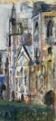 ‡ JOHN GODDARD (Welsh, b. 1924) mixed media - view of the west front of Llandaff Cathedral, 51 x