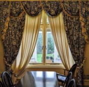 TWO PAIRS BLUE & YELLOW FLORAL PRINTED CURTAINS WITH BESPOKE DRAPED PELMETS, with yellow tassel