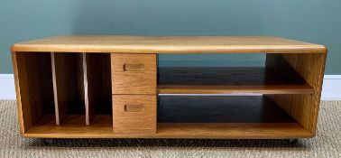 MID CENTURY TEAK TV/HI-FI UNIT, rounded edges, vinyl record storage compartments, shelving, two