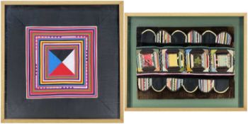 VICTORIAN COLOURED SILK & VELVET PATCHWORK PANEL, with scalloped borders and padded central section,