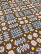 TRADITIONAL WELSH WOOLEN TAPESTRY BLANKET, woven in chocolate brown/pale blue/lemon/white, with