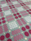 TRADITIONAL WELSH WOOLEN TAPESTRY BLANKET, woven sage/lemon/dark pink/white, with fringe, 180 x