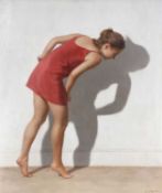‡ HARRY HOLLAND oil on panel - female in red dress leaning forward, entitled verso on Martin