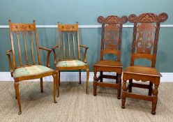 TWO PAIRS SIDE CHAIRS, comprising pair Edwardian Art nouveau style marquetry armchairs with inlaid