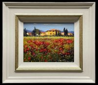 ‡ BRUNO TINUCCI (Italy born, b.1947) oil on canvas - Tuscan villa, entitled verso 'Campi Rossi',