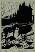 ‡ DAVID CARPANINI limited edition (9/25) monochrome lino cut - figure leading horse with cart,