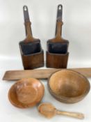 PAIR OAK CANDLE BOXES, with trefoil finials, blackened metal hanging brackets and inserts, 32cm h (