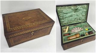 VICTORIAN BURR WALNUT TUNBRIDGEWARE WORK BOX, original green paper and silk lined interior, with