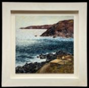 20th CENTURY SCHOOL, oil on board - entitled 'Fisherman's Huts Boat Cove', signed with monogram,