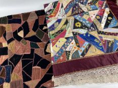 TWO PATCHWORK CLOTHS, comprising a silk floral square quilted cloth with lacework border,