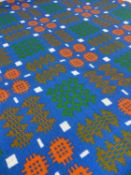 TRADITIONAL WELSH WOOLEN TAPESTRY BLANKET, woven in bright blue/orange/green/white, with fringe, 220