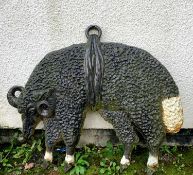 LARGE CAST IRON 'HANGING LAMB' SIGN, painted black and white, possibly for a pub or farm, 86 x