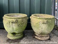 GARDEN ORNAMENTS: comprising pair acanthus leaf moulded composition stone planters, 42cm h (2)