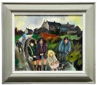 ‡ GILL WATKISS (British born 1938) oil on board - entitled verso 'Sunday walk', signed, framed, 30 x