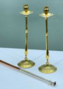 PAIR BRASS CANDLESTICKS & COPPER HUNTING HORN, candlesticks 41cm h, horn 106cm long (3) Comment: one