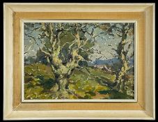 GYRTH RUSSELL (Canadian/Welsh 1892-1970) oil on board - woodland with farm buildings in