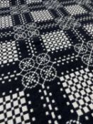 TRADITIONAL WELSH WOOLEN TAPESTRY BLANKET, woven black/white, with fringe, 212 x 218cm (incl.