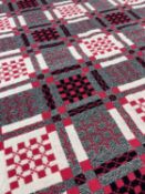 TRADITIONAL WELSH WOOLEN TAPESTRY BLANKET, woven in black/dark pink and cream, with fringe, 188 x