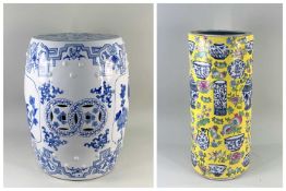 MODERN CHINESE PORCELAIN STICK STAND AND A GARDEN SEAT, 47cm and 46cm H respectively (2)