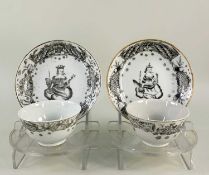 TWO CHINESE EUROPEAN-SUBJECT PORCELAIN 'JUNO' TEA BOWLS & SAUCES, Qianlong, painted en grisaille
