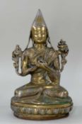 CHINESE SILVERED BRASS FIGURE OF TSONGKHAPA, 20th Century, wearing a tall pandita hat, the Gelug