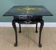 CHINESE HARDWOOD ENVELOPE MAH JONG TABLE, probably hongmu, carved with fruiting vine between