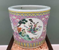 CHINESE FAMILLE ROSE PORCELAIN JARDINIERE, late Qing or later, painted with four roundels of