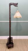 CHINESE HARDWOOD 'DRAGON HEAD' LANTERN STAND, carved prunus column, three pierced brackets to