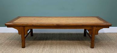 CHINESE JUMU & RATTAN RECESSED LEG LOW BENCH, inset rectangular woven rattan top above bracketed