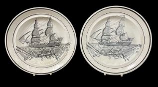 PAIR OF SWANSEA DILLWYN SHIP TRANSFER PLATES black/grey transfer of two-mast British naval ship
