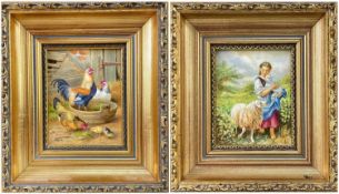 TWO PAINTED PORCELAIN PLAQUES, probably Royal Worcester, depicting chickens, cockerel and chicks