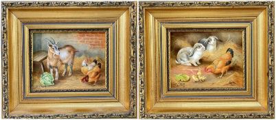 TWO PAINTED PORCELAIN PLAQUES, probably Royal Worcester, depicting farm animals in a stable in the