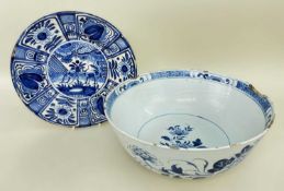 18TH CENTURY ENGLISH DELFT BOWL, decorated with Chinese flowers, 26cm diam. together with a Dutch