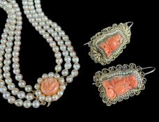 CORAL SET JEWELLERY, including pair of Chinese silver gilt filigree earrings, with lotus-carved