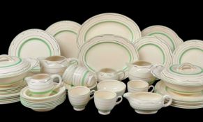 STYLISH 1930s CLARICE CLIFF DINNER & TEA SERVICE FOR SIX, green banded and gilt lined decoration,