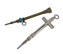 TWO MINIATURE PROPELLING PENCILS, including unmarked yellow metal (presumed 9ct) crucifix pencil,