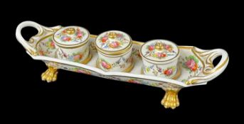 SPODE PORCELAIN INKSTAND, c.1820, the rectangular shaped stand with three cylindrical wells and
