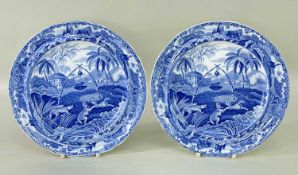 PAIR SPODE INDIAN SERIES 'COMMON WOLF TRAP' PLATES, c. 1815, printed in bright blue with scene of