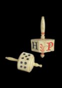 TWO BONE GAMBLING SPINNERS, one German four-sided 'Put & Take' spinner, painted H/T & P/N in black
