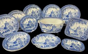 SWANSEA CAMBRIAN ‘MONOPTEROS’ BLUE & WHITE TRANSFER EARTHENWARE ITEMS circa 1820, nine plates each