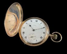 9CT GOLD WALTHAM FULL HUNTER POCKET WATCH, c.1917, white enamel Roman dial with subsid. secs.,