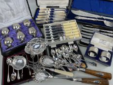 ASSORTED SILVER/EPNS CASED & LOOSE FLATWARE, including silver oval bonbon dish, pair silver S-