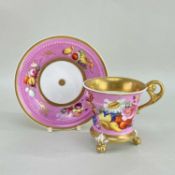 EARLY 19TH CENTURY MINTON PORCELAIN CABINET CUP & STAND, brightly painted with flowers and moulded