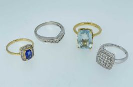 FOUR 18CT GOLD RINGS, comprising diamond cluster ring of appr 1cts, single stone pale aquamarine