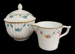 CHELSEA-DERBY JUG & FLUTED SUCRIER & COVER, c. 1775, jug of tapering form with polychrome